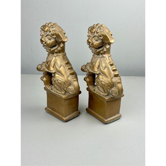 Pair of Chinese Foo Dog with Puppy 11in Gold Chalkware Figurines Statues - Picture 4 of 6
